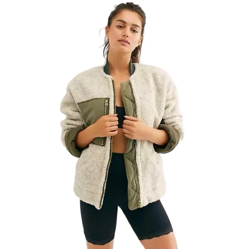 Free People Rivington Sherpa Olive Oversized Relaxed Zipper Jacket Womens Large - Picture 3 of 11